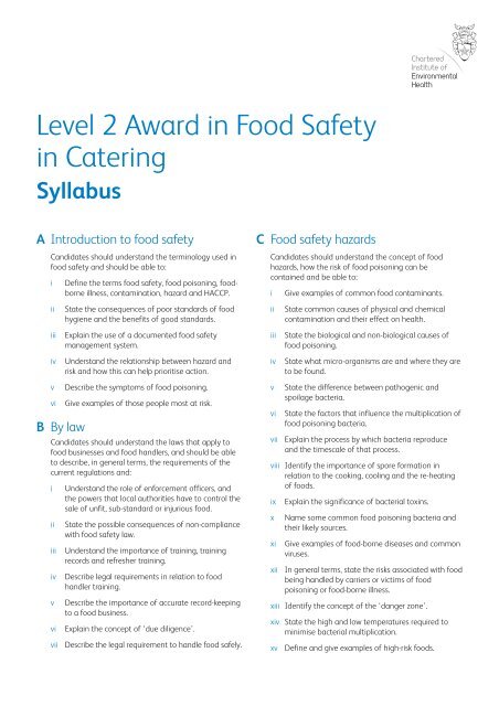 Syllabus Level 2 Award Food Safety Catering