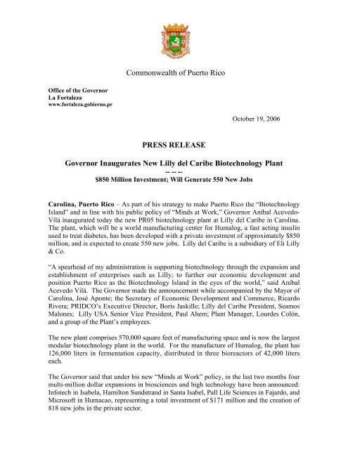 PRESS RELEASE Governor Inaugurates New Lilly del Caribe ...