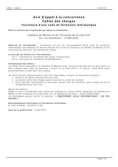 Avis d'appel Ã  la concurrence Cahier des charges - Chambre de ...
