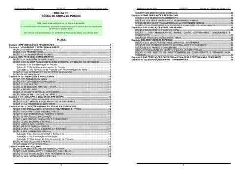 MINUTA DO CÓDIGO DE OBRAS DE PERUÍBE ÍNDICE