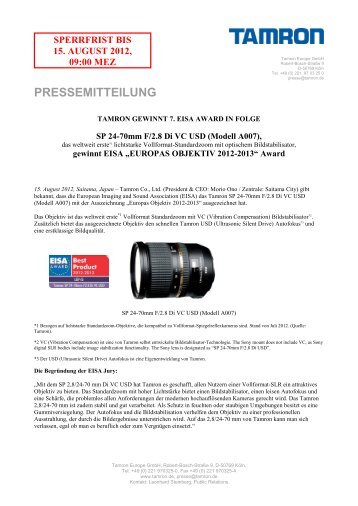 [PDF] Pressemitteilung: Tamron gewinnt 7. EISA Award in ... - ptext.net