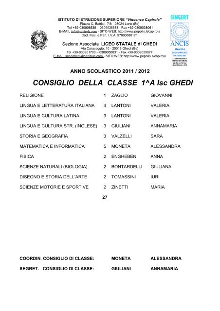 2011-2012 CONSIGLI DI CLASSE GHEDI - Popolis