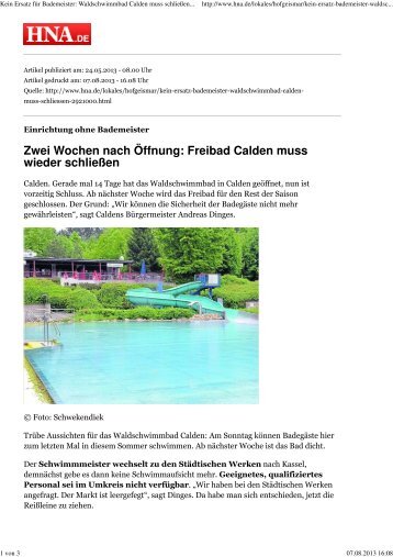 Freibad Calden muss wieder schließen - Andreas Dinges ...