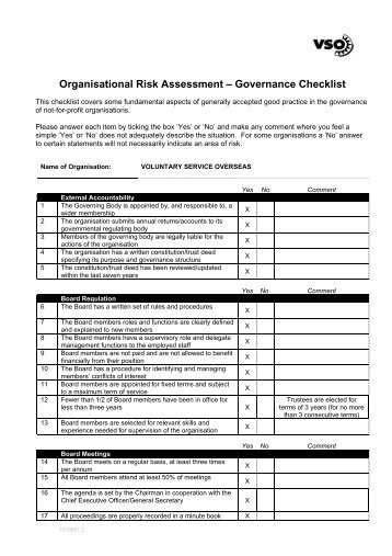 Organisational risk assessment â Governance checklist - VSO