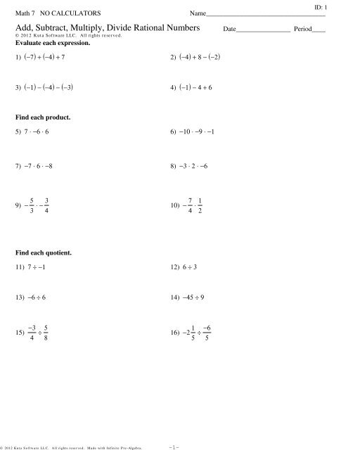 Add Subtract Multiply Divide Rational Numbers Review