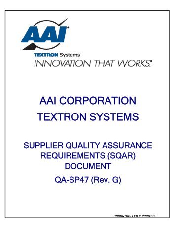 Supplier Quality Assurance Requirements (SQAR) - AAI Corporation