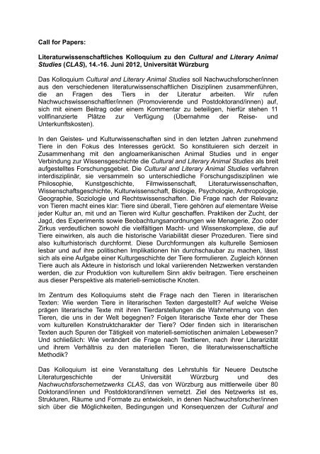 Call for Papers - Lehrstuhl fÃ¼r neuere deutsche Literaturgeschichte I