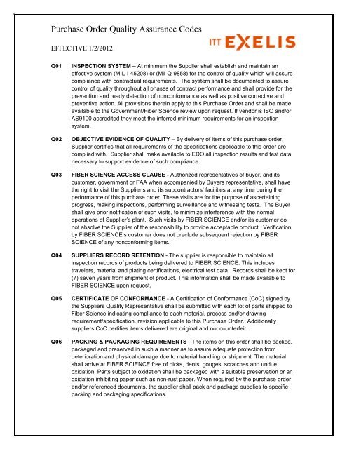 Purchase Order Quality Assurance Codes - ITT Exelis