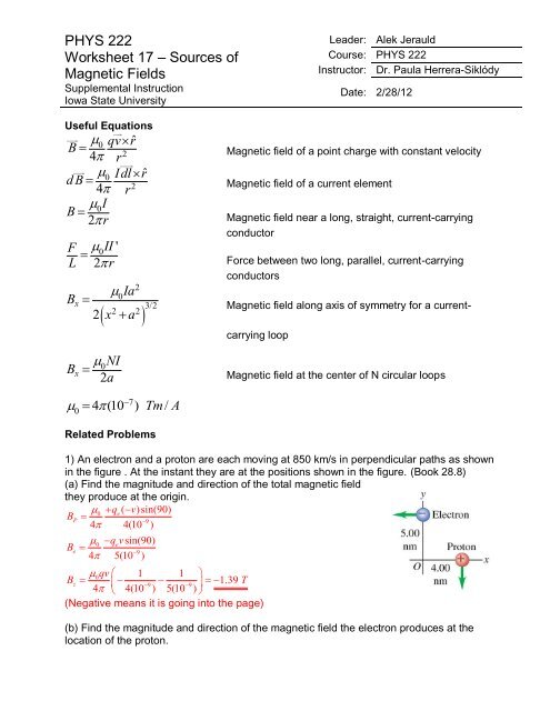 PHYS 222 Worksheet 17 – Sources of Magnetic Fields - Iowa State ...