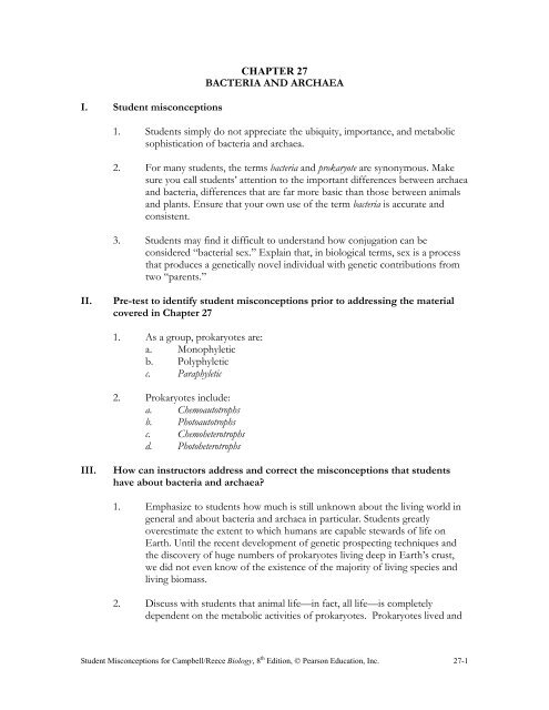 CHAPTER 27 BACTERIA AND ARCHAEA I. Student misconceptions ...