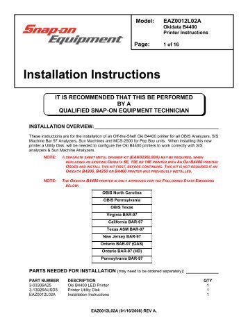 Instructions To Install Off The Shelf Oki - Snap-on Equipment