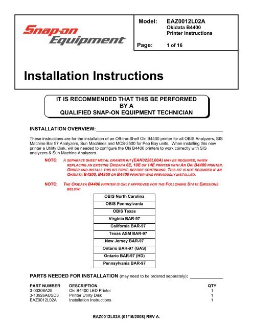 Instructions To Install Off The Shelf Oki - Snap-on Equipment