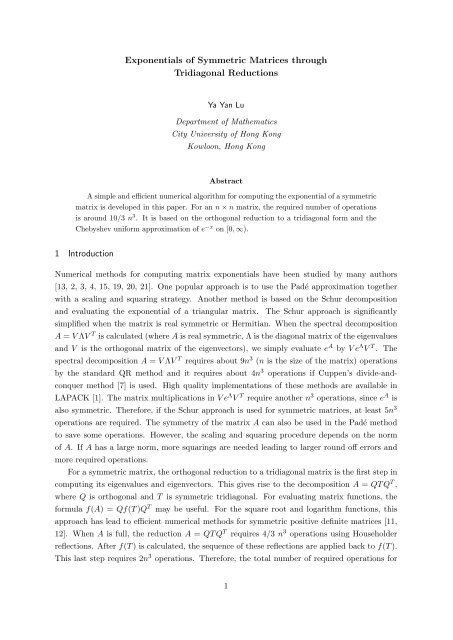 Exponentials of Symmetric Matrices through Tridiagonal Reductions ...