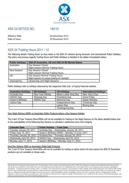 194/10 ASX 24 Trading Hours 2011 / 12 - Australian Stock Exchange