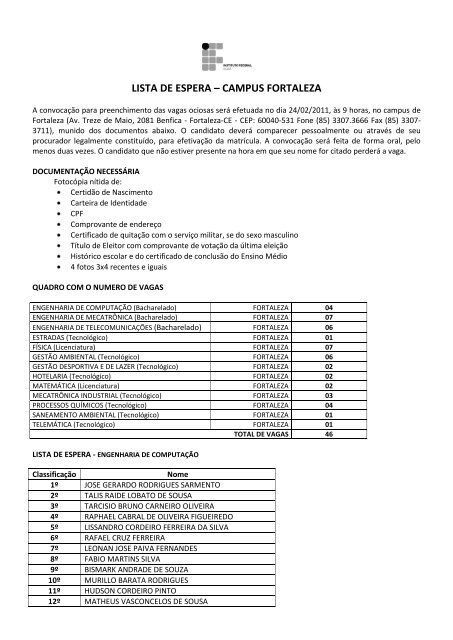 LISTA DE ESPERA â CAMPUS FORTALEZA - IFCE