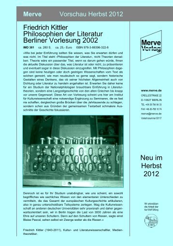 Friedrich Kittler Philosophien der Literatur Berliner Vorlesung 2002 ...