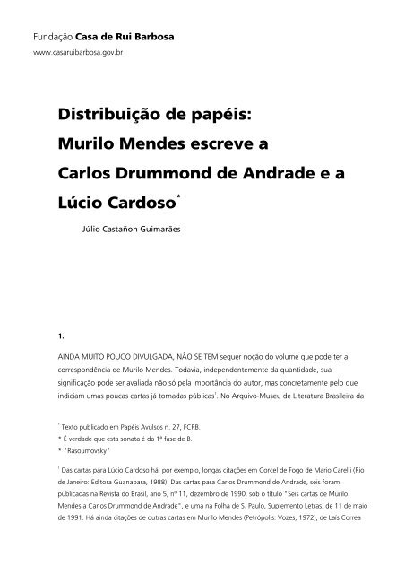 Distribuição de papéis: Murilo Mendes escreve a Carlos Drummond ...