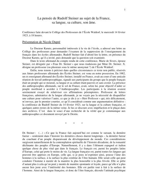 La pensée de Rudolf Steiner au sujet de la France, sa langue, sa ...