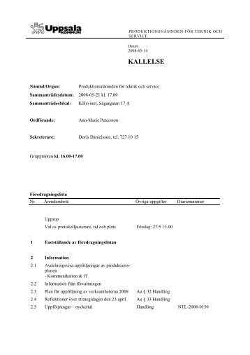 Kallelse/fÃ¶redragningslista/dagordning - Uppsala kommun