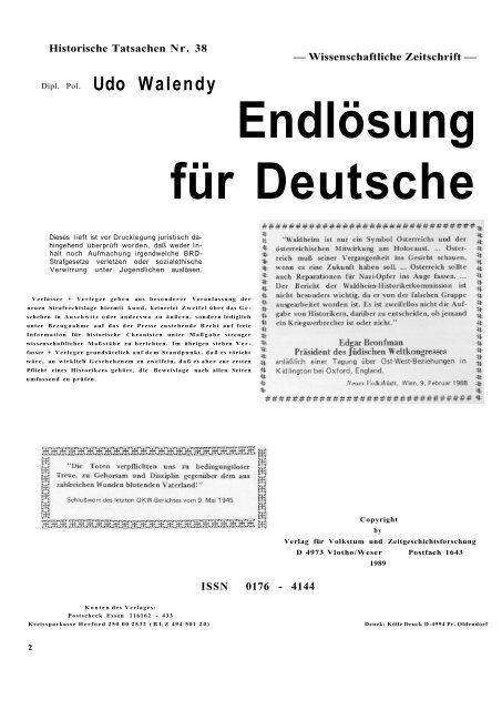 Historische Tatsachen - Nr. 38 - Udo Walendy - Endloesung fuer ...