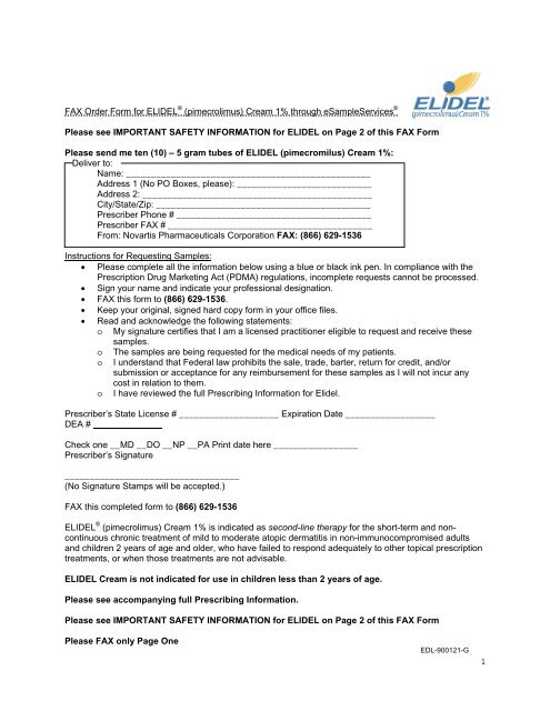 FAX Order Form for ELIDELÃ‚Â® (pimecrolimus) Cream 1 ... - Medscape