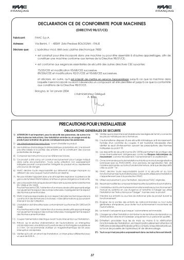 precautions pour l'installateur declaration ce de conformite ... - Faac