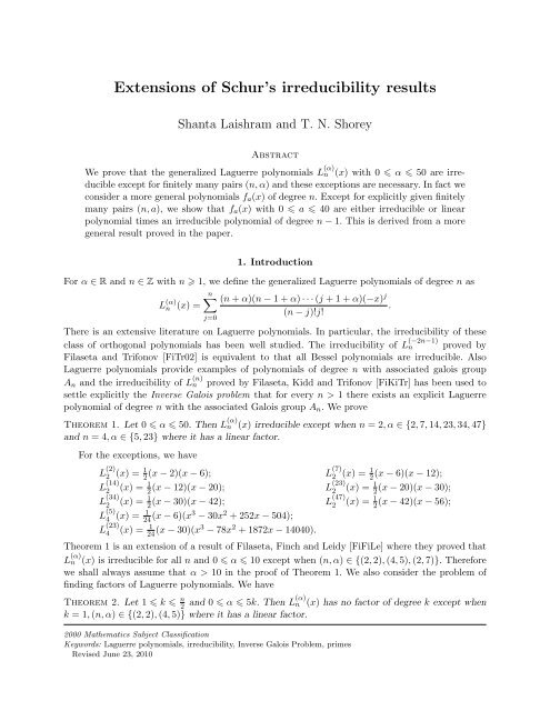 Extensions of Schur's irreducibility results - Tata Institute of ...