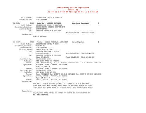 Londonderry Police Department Press Log 02-28-11 @ 6:00 AM ...