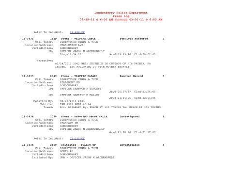Londonderry Police Department Press Log 02-28-11 @ 6:00 AM ...