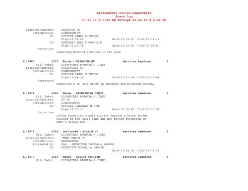 Londonderry Police Department Press Log 02-28-11 @ 6:00 AM ...