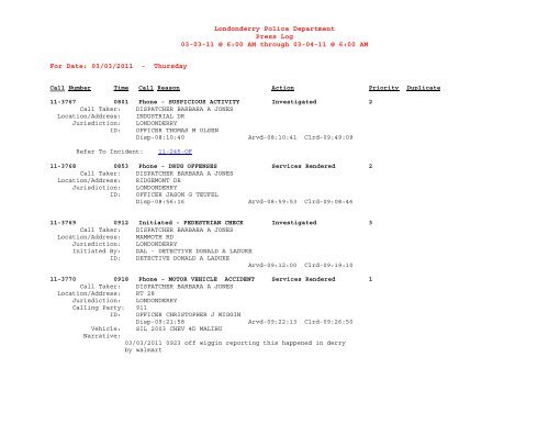 Londonderry Police Department Press Log 02-28-11 @ 6:00 AM ...