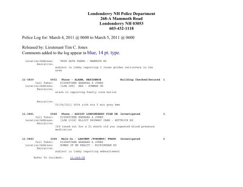 Londonderry Police Department Press Log 02-28-11 @ 6:00 AM ...