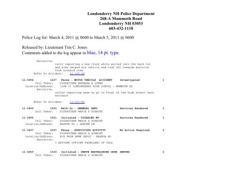 Londonderry Police Department Press Log 02-28-11 @ 6:00 AM ...