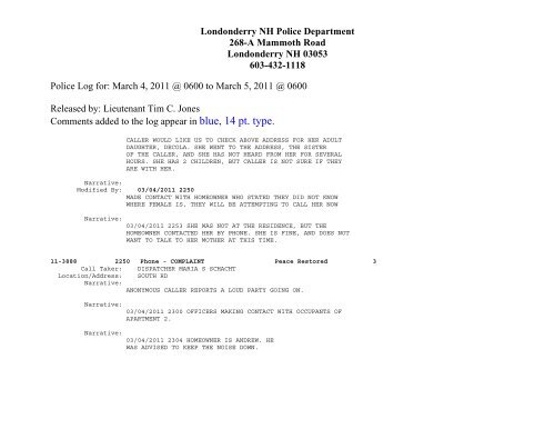 Londonderry Police Department Press Log 02-28-11 @ 6:00 AM ...