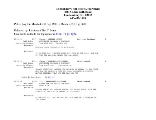 Londonderry Police Department Press Log 02-28-11 @ 6:00 AM ...