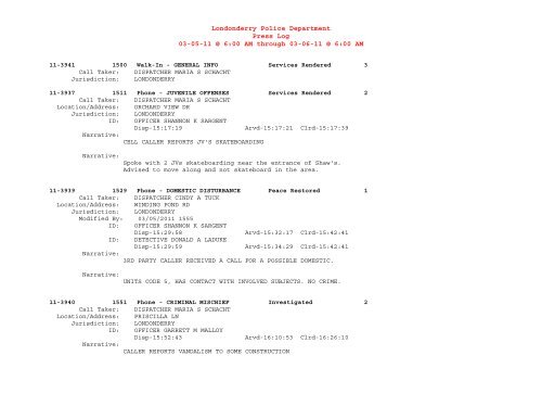 Londonderry Police Department Press Log 02-28-11 @ 6:00 AM ...