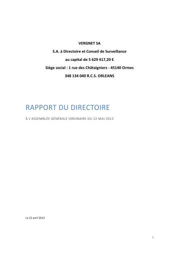 Rapport de gestion VERGNET SA 2012