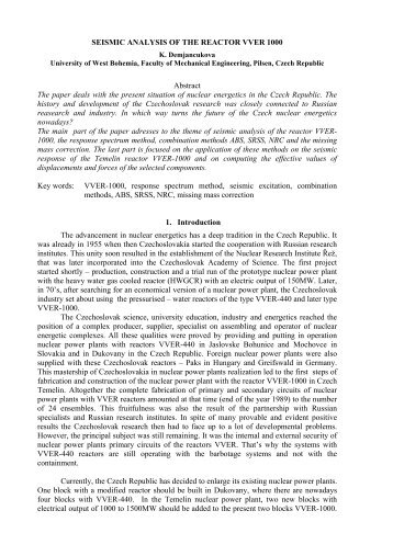 SEISMIC ANALYSIS OF THE REACTOR VVER 1000 Abstract The ...