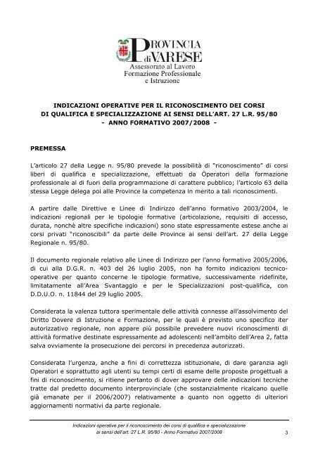 Indicazioni operative per il riconoscimento - la formazione ...