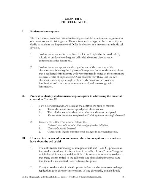 CHAPTER 12 THE CELL CYCLE I. Student misconceptions There ...