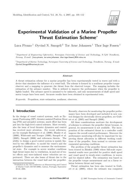 Experimental Validation of a Marine Propeller Thrust ... - Journal