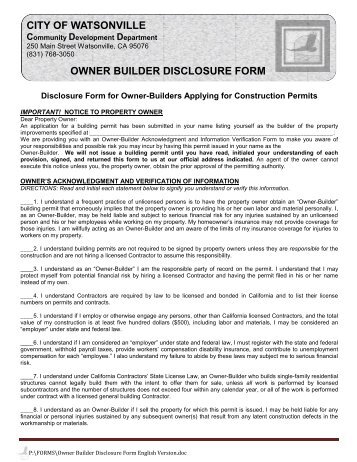 Owner Builder Declaration - Watsonville California