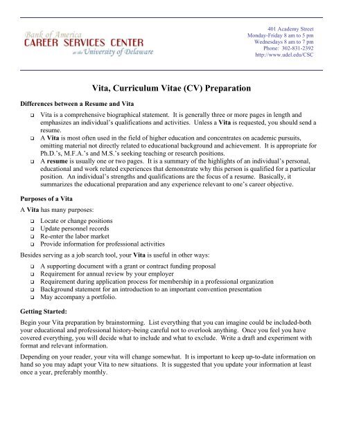 Vita, Curriculum Vitae (CV) Preparation