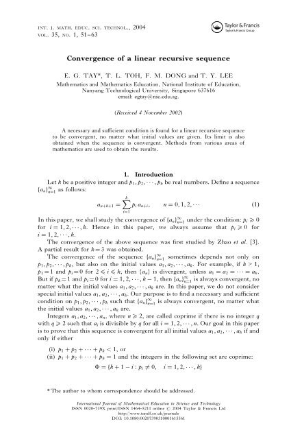 Convergence Of A Linear Recursive Sequence Nie Mathematics