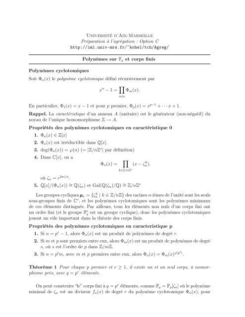 PolynÃ´mes sur F p et corps finis