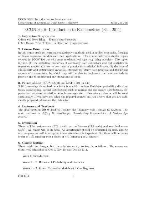 ECON 306H: Introduction to Econometrics - Department of ...