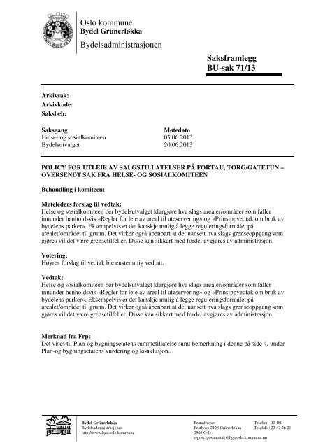 Oslo kommune Bydelsadministrasjonen Saksframlegg BU-sak 71/13