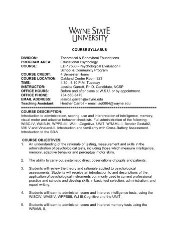 COURSE SYLLABUS DIVISION - College of Education - Wayne ...