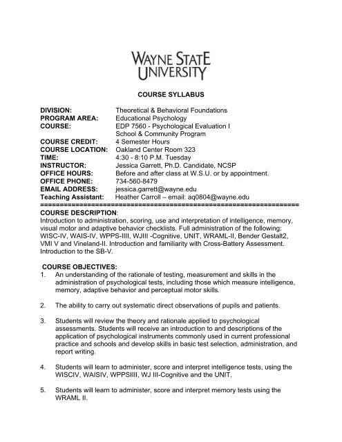 Course Syllabus Division College Of Education Wayne Course Syllabus Division College Of Education Wayne