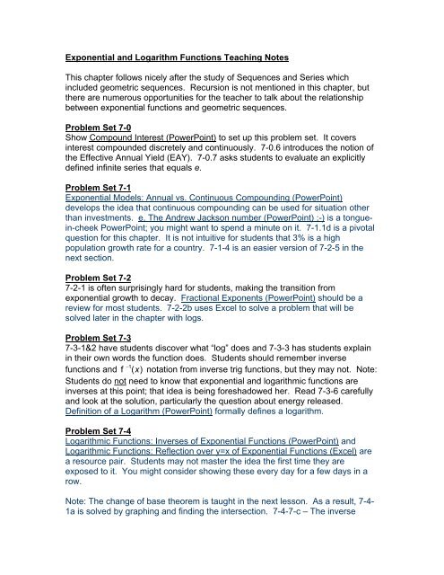 Exponential and Logarithm Functions Teaching Notes This chapter ...